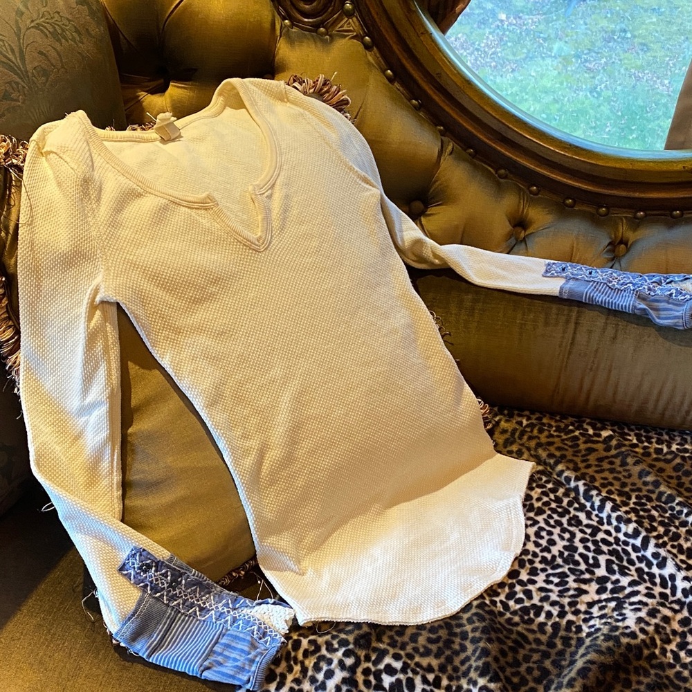 We The Free Boho Waffle Thermal with blue patchwork and lace sleeve cuffs